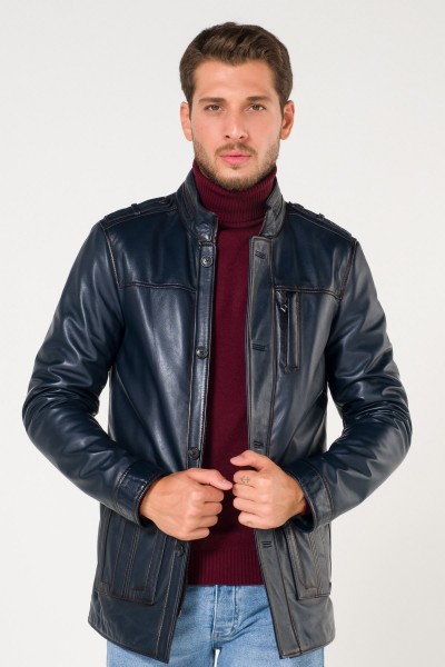 %100 Orijinal Apoletli Kare Cepli Lacivert Deri Mont %100 Orijinal Apoletli Kare Cepli Lacivert Deri Mont