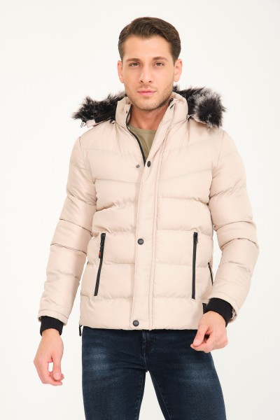 Erkek Şişme Beyaz Slim Fit Soğuk Geçirmez Kürklü Casual Mont